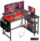 DOMSHOCT L Shaped Gaming Desk with LED Lights & Power Outlets, 100 * 80cm Small Corner Computer Table with Storage Bag, Adjustable Shelves & Monitor Stand, Home Office Study Workstation, Carbon Black
