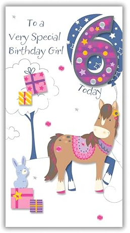 Ling Design Special Birthday Girl's 6th Birthday Card - Handmade Happy Birthday Card Age 6 with Horse and Bunny Rabbit Design with a Foil Finish and Embellishments - Birthday Card for Children