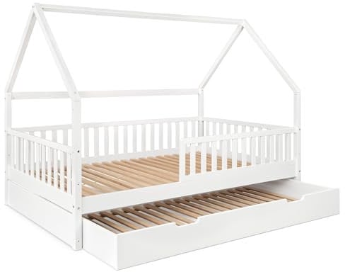 Ehrenkind® Hausbett Buche Livo | FSC Zertifiziert | Kinderbett mit Rausfallschutz | höhenverstellbar Massivholz | Kinder Bett | Hausbett 120x200 cm | weiß mit Bettkasten