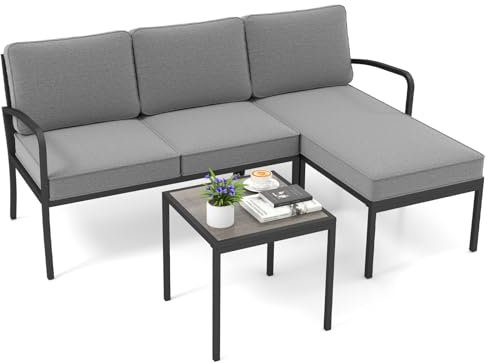 COSTWAY Gartenlounge 3-teilig, Gartenmöbel Set, Outdoor Lounge mit Tisch und Kissen, Terrassenmöbel, Sitzgarnitur, Sitzgruppe für Garten, Terrasse, Balkon