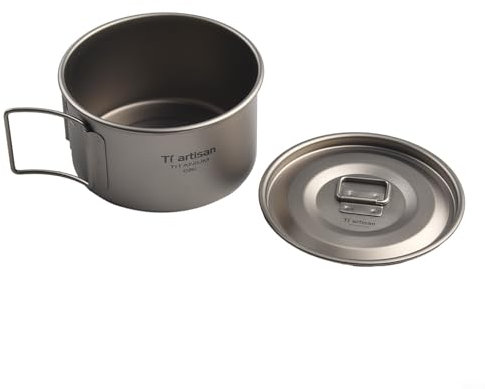 Entgoinggo Juego de ollas de titanio, cuenco de cocina para camping con mango plegable, recipiente ligero para alimentos al aire libre para senderismo, picnics (450 ml con cuencos de 600 ml con tapa)