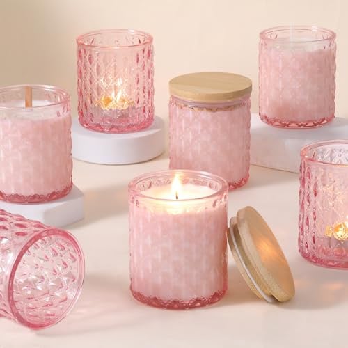 LETINE 6 barattoli per candele rosa da riempire, 200 ml, senza candela | Barattoli in vetro spesso con coperchio, set per realizzare candele fai da te, con 6 stoppini e 8 etichette di avvertimento
