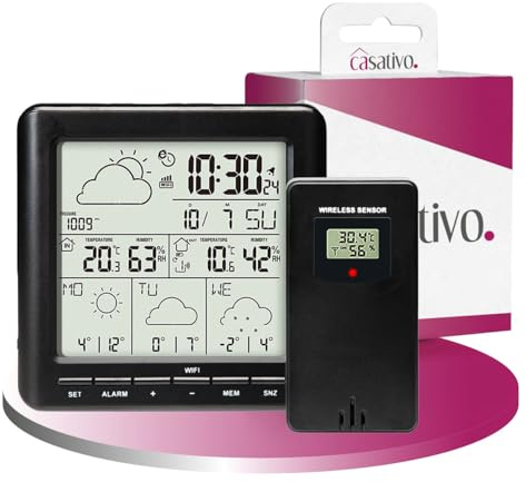 Casativo WLAN-Wetterstation mit Aussensensor: 4-Tage-Prognose, App-Zugriff weltweit, Schwarz – Übersichtliches Display für genaue Wetterdaten