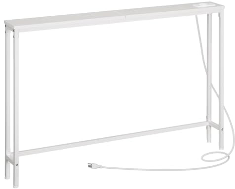 HOOBRO Konsolentisch mit Steckdosenleiste und USB-Anschlüssen, schmaler Konsolentisch mit Ladestation, Beistelltisch, Tisch hinter dem Sofa, für Foyers, Flure, Weiß EWW15CXG01G1