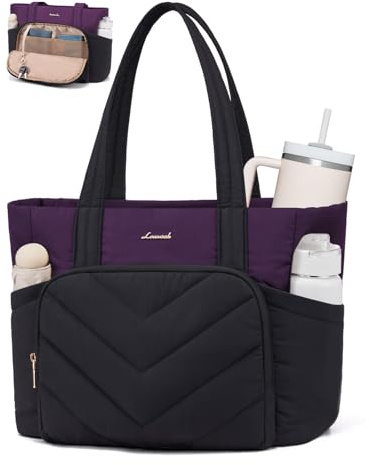 LOVEVOOK Shopper Tasche Handtasche Damen Groß, Leicht Puffer Arbeitstasche mit großem Wasserflaschenfach, 15,6 Zoll Laptoptasche Tote Bag, Lehrertasch Handbags Women für Uni Schule, Violett Schwarz