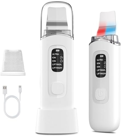 Yeerain Pulizia Viso Ultrasuoni, Skin Scrubber con 4 Modalità e Impermeabile IPX7, Luce Rossa e Blu Spatola Professionale Punti Neri Rimozione Pulizia Profonda la Viso Peeling e Cura