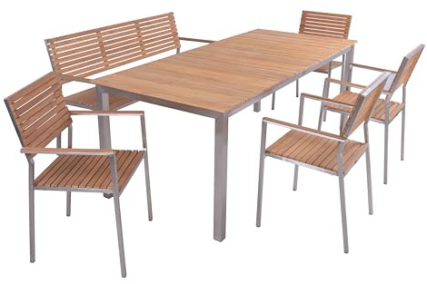 DELUKE Garten-Sitzgruppe Stina 6-TLG. Teak Hellbraun Edelstahl Bank mit Lehne | Gartenmöbel-Set Gartengarnitur Garten-Essgruppe mit Stühlen und Esstisch