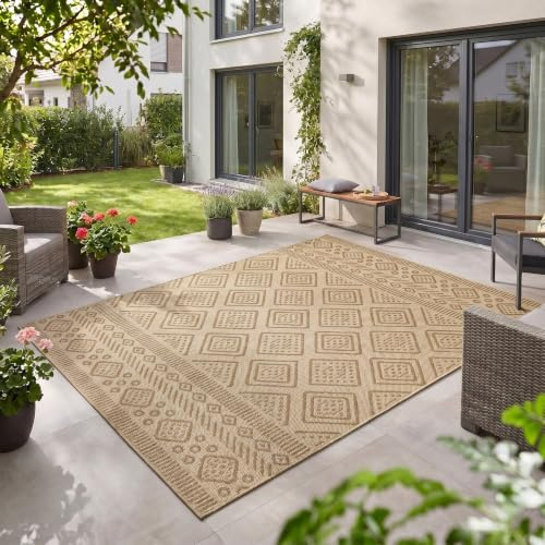 Teppium Outdoor Teppich Beige Jute Optik 200x280 cm Balkon Terrasse Garten Wetterfest UV-beständig Groß XL Rauten Design Flachgewebe Pflegeleicht Robust Modern