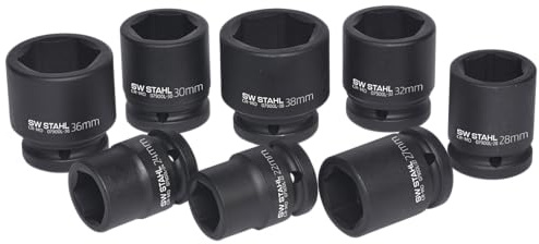 SW-Stahl 07900L Schlagschrauber Steckschlüssel-Satz 3/4 Zoll, 8-tlg. | Impact Kraftnüsse Set 22-38 mm, Chrom-Molybdän-Stahl, Sechskant-Profil, kurz, in robuster Stahlblechkassette