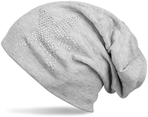 styleBREAKER Klassische leichte Unisex Beanie Mütze mit Stern Strass Applikation 04024019, Farbe:Hellgrau meliert