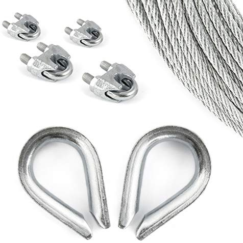20m DRAHTSEIL SET 5mm 6x7+FC + 4x SEILKLEMMEN + 2x KAUSCHE verzinkt Stahlseil Forstseil Windenseil Stahl Seilöse Seil mit Öse Drahtseilklemme Klemme Anschlagseil