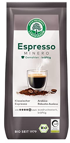 LEBENSBAUM Bio Espresso Minero, 100% Bio Arabica-Bohnen, satte Crema, kräftig intensiver Geschmack, gemahlen, 250 g