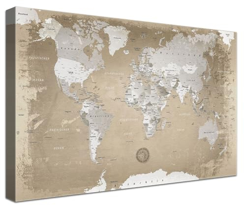 LANA KK – Luxus Ausführung – Weltkarte Leinwandbild mit Korkrückwand zum pinnen der Reiseziele – „Weltkarte Natur” - deutsch - Kunstdruck-Pinnwand auf 4 cm Rahmen in braun, in 100x70cm