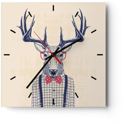 Modern Wanduhr Charakter Hirsch Illustration Hipster 30x30cm Quadrat Klein Wand Uhr Glas Analog Zimmeruhren Küche Büro Wohnzimmer Glasuhr Wall Clock Dekoration Design Küchenuhr C3AC30x30-3120
