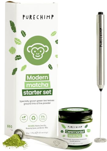 PureChimp Modern Matcha Set, 50g Ceremonial Matcha, Electric Whisk & Scoop | Includes 50g ceremonial grade matcha powder, handheld milk frother & stainless steel matcha measuring spoon, easy latte kit