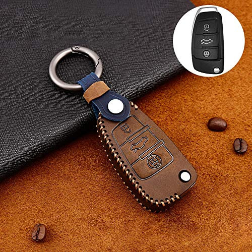 ontto Rindsleder Klapp Autoschlüssel Hülle Cover für Audi A1 A3 A4 A6 Q3 Q5 Q7 S3 R8 TT S4 S6 RS4 RS6 Seat Schlüsselhülle mit Schlüsselanhänger Schlüssel Schutz Etui Fernbedienung 3 Tasten-Braun