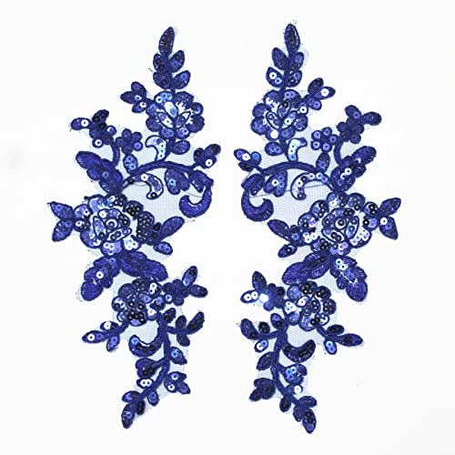 SUNMOVE 1 Paar Stickerei Pailletten Spitze Applikation Nähen Blume Stoff Kragen Patch Motiv Hochzeitskleid Kleid Braut DIY Handwerk (Blau