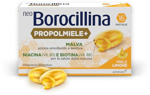 NEO BOROCILLINA Propolmielee, Integratore Alimentare per il benessere della Gola, 16 Pastiglie, Gusto Limone e Miele