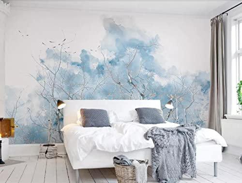 Tapete 3D Wandbild Hellblauer Zweig Aquarell Vogel Fototapete 3D Effekt Vliestapete Wohnzimmer Schlafzimmer Wanddeko