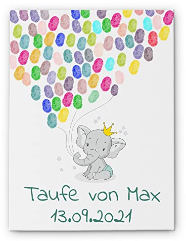 CHRISCK design Leinwand Fingerabdruck Taufe Geburt Geburtstag Babyparty - Fingerabdrücke Gästebuch mit Elefant & Ballons - Mit Namen & Wunschtext - tolle sFingerprint für Gäste Mädchen Jungen