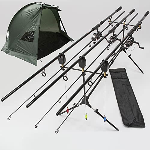 Carp Fishing 3 Rod and Reel Set Up With Bite Alarms Pod Stand and Green Bivvy Shelter System
