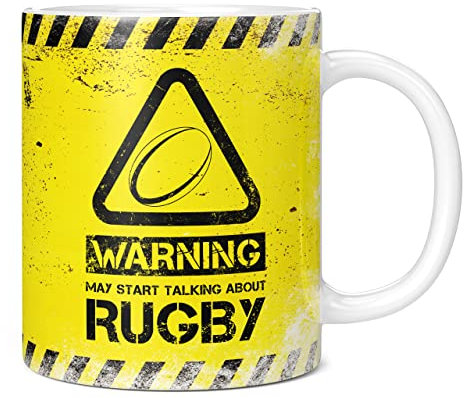 Mug Monster - Warning May Start Talking About Rugby Funny Gift Mug - Ceramic Coffee Cup, Gift for Men or Women, Extra Large and Giant Available, 11oz White