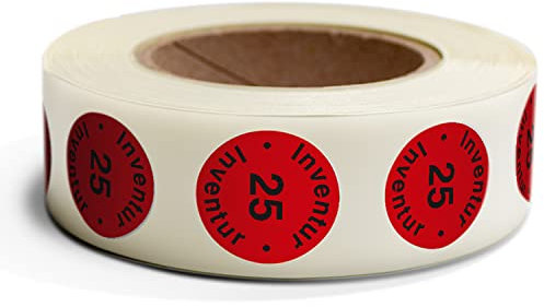 Betriebsausstattung24 Inventuretiketten Inventur 25 auf Rolle 500 Stk. - Durchmesser: 3,0 cm - Farbe: Rot - Form: Rund - Material: Haftpapier - Befestigungsart: Zum Verkleben - Inventuraufkleber