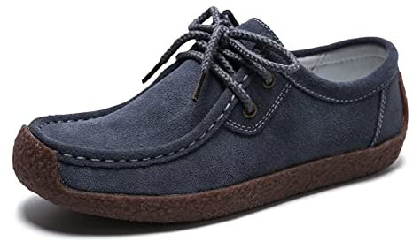 Sunporx Mujeres con Cordones Casual Mocasines de Cuero Zapatos de conducción Oxfords Antideslizante Cómodo Mocasín Zapatos