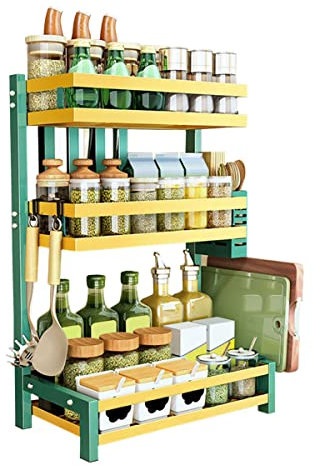 Redwestmelon Kitchen Storage Shelf Spice Rack 3 Tier - Carbon Steel Seasoning Holder Freestanding Countertop Organiser Shelf - Chopping Board Rack Chopstick Holder Knife Holder 3 Hooks