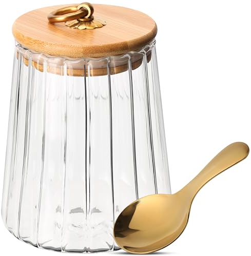 BELLE VOUS Glass Storage Jar with Airtight Lid and Spoon - 650ml/22oz Food Container - Ribbed Glass Canister for Overnight Oats, Spices, Tea/Coffee, Sugar, Flour & More - Kitchen or Pantry Storage