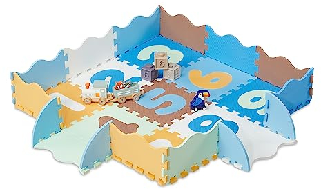 Relaxdays Puzzlematte mit Zahlen, 34-TLG. Spielmatte mit Rand, schadstofffrei, abwaschbar, Schaumstoff, Babymatte, bunt, 1 x 30 x 30 cm, Blau, Gelb, Weiß