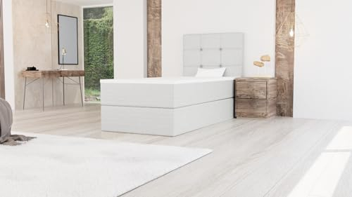 Generisch Boxspringbett Bett Einzelbett FARO MINI mit Bettkästen, Topper T25, H3 (100 x 200 cm, Kunstleder Weiß - Madryt 120)