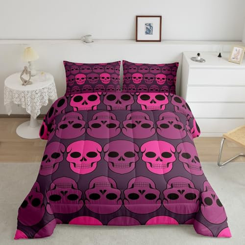 Schädel Tröster Set Rosa Skelett Knochen Bett Tröster Set 155x220 für Kinder Bettwäsche,Gruselige Horror Zucker Skulls Down Tröster für Jungen Mädchen Halloween Home Dekor