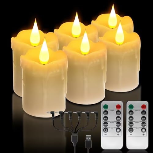 6 PCS Real Wax Rechargeable Flameless Warm White LED Candles,Remote Control,Brightness Adjustable Flickering Battery Operated Tea Lights Candles with Timer,for Christmas, Wedding, Home Decor