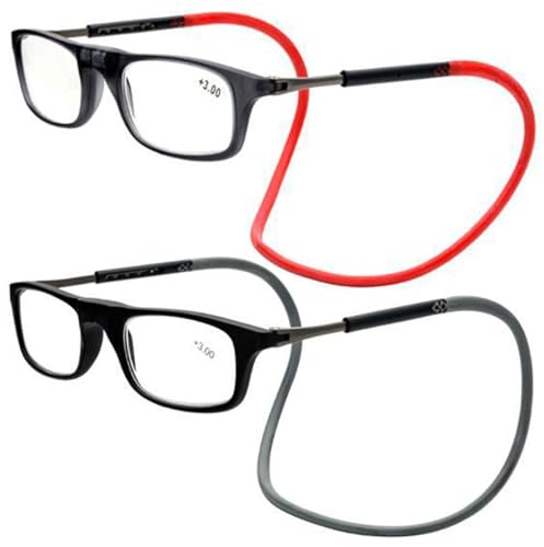 Lanomi Schmal Lesebrille Damen Herren Magnetverschluss Leicht Lesehilfe Sehhilfe mit Elastische Silikon Brillenbänder 2 Stücke Schwarz(Rot+Grau Arm) 2.5