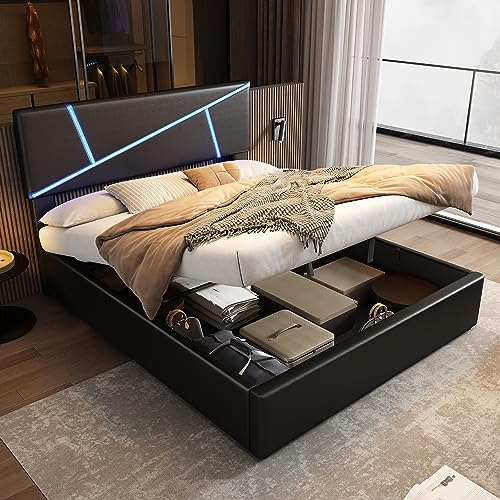 LATICO Polsterbett 160×200 cm Doppelbett mit Lattenrost, Hydraulische Bett, Bettgestell mit LED Beleuchtung, Stauraumbett Funktionsbett Gästebett Kopfteil Kunstleder Holz Schwarz, Ohne Matratze