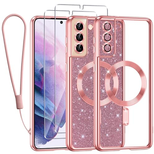 Kokio Glitter Magnétique pour Samsung Galaxy S21 Con Cordon, [Compatible avec MagSafe] Antichoc Brillant Pailleté Housse Transparent Couqe pour Samsung S21 avec 2 Pièces Verre Trempé Étui, Rose