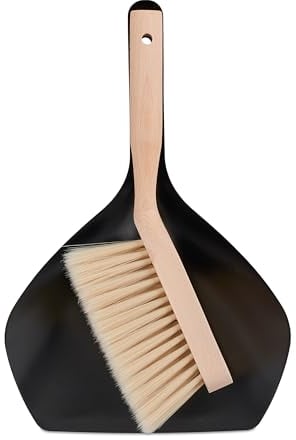 Relaxdays Juego Set Escoba Mano y Recogedor Bordes Altos, Hogar y Camping, Colgante, Metal y Madera de Haya, Negro/Natural, Poliéster, 14 x 29 x 4,5 cm