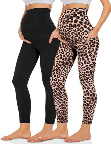Missluck Umstandsleggings Blickdicht Damen Schwangerschaft Leggings Lang Mammy mit Taschen für Yoga(Schwarz/Leopard,M)