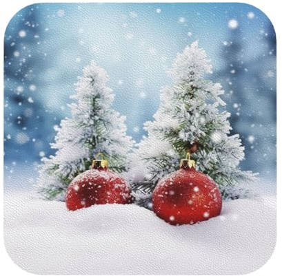 Untersetzer aus Leder, Motiv: Weihnachtsbaumkugeln, Schnee-Druck, rutschfest, rund, für Büro, Küche, Heimdekoration, 6 Stück