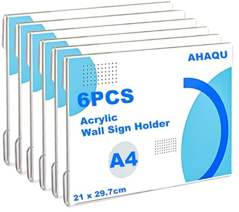 AHAQU 6PCS A4 Acrylic Wall Sign Holder, Adhesive Wall Poster Holders with Tape, A4 Clear Acrylic Walls Display for Office, Restaurant, Home, Store-No Drilling