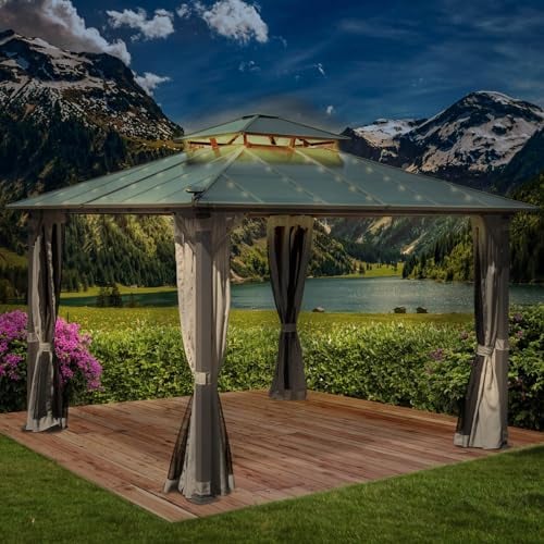 BRAST® Pavillon Aluminium Pagode 3,5x3,5m | viele Modelle & Farben | inkl. Moskitonetz + LED | festes Dach | wasserdicht | stabil | UV-Schutz | Hellgrau