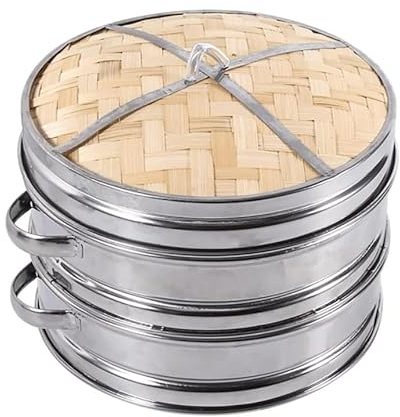 Vaporera De Bambú Con Acero Inoxidable,2 Niveles Con Tapa,Cesta De Vapor De Bambú Olla Vaporera,Vaporizador De Alimentos Para Cocinar Bollos Dim Sum Albóndigas Verduras