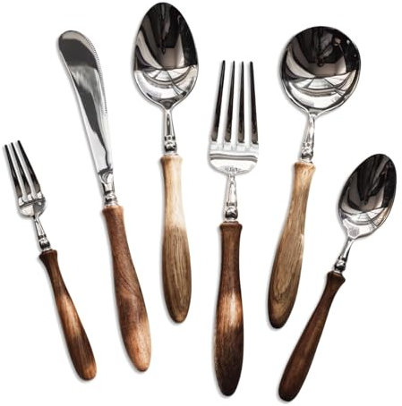 BKEKM Besteck Set Besteck-Set, 4/6-teilig, Messer, Gabel, Löffel mit Holzgriff, Geschirr-Set, Edelstahl-Menügabeln, Küchentischlöffel sicherer