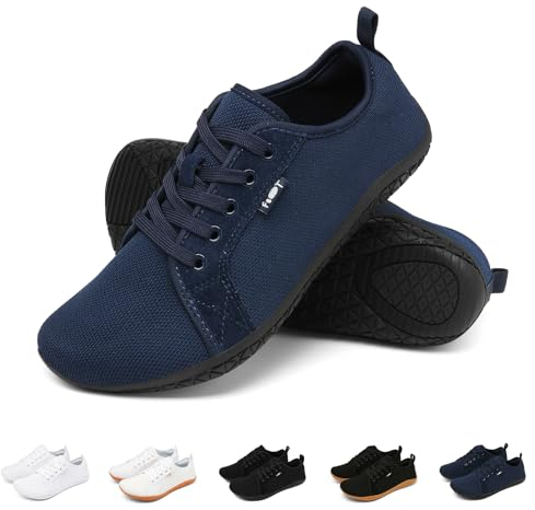 Geweo Barfußschuhe Sneaker Breite Walking Schuhe Barfuss Damen Herren Trail Laufschuhe Minimalistische Fitness Knit Unisex Weit rutschfest Zehenschuhe Zero Drop Solhe Freizeit Marineblau 38EU