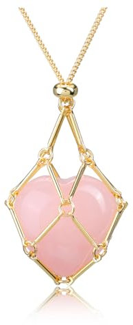 JSDDE Metal Cage Rose Quartz Crystal Pendant Necklaces Healing Crystal Heart Gemstone Hollow Locket Holder Necklace Jewelry