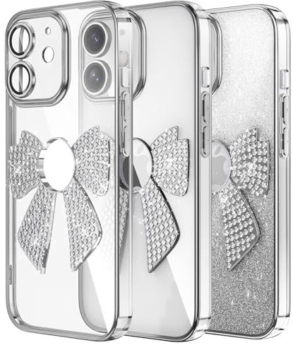 IMIRST Diamond Phone Case Compatible with iPhone 12 (6.1'') Electroplated Bling Glitter Silicone Shell Shockproof Protective Cover Bumper Bow Tie Case for Apple iPhone 12. KD Silver