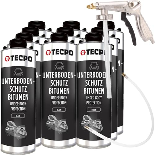 TECPO 10x Unterbodenschutz, 1 Liter Bitumen Schwarz Steinschlagschutz + Sprühpistole
