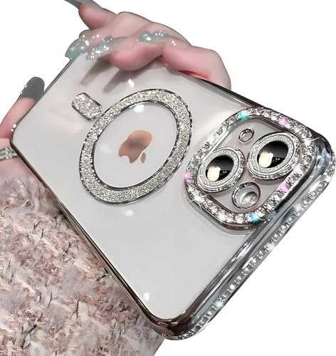 Sitthyw für iPhone 11 Hülle Magnetische Glitzer Handyhülle Kompatibel mit Mag-Safe, Transparent Plating Diamant Mädchen Cover Kratzfeste Kameraschutz Bling Crystal Case Schutzhülle, Silber