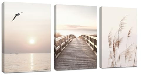 3 Teilig Strand Sonnenuntergang Bilder Set, Aesthetic Natur Landschaft Wandbilder mit Rahmen, Modern bild auf Leinwand Wandkunst Kunstdruck Deko für Wohnzimmer Schlafzimmer Küche Esszimmer 40x60x3